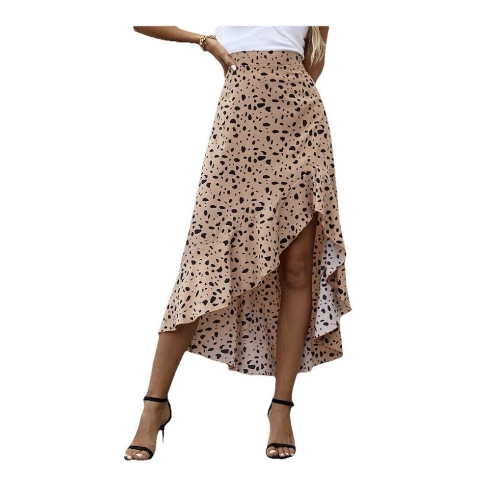 SHEIN Polka Dot Midi Maxi Skirt Womens M Tan Black High Low Ruffle Hem